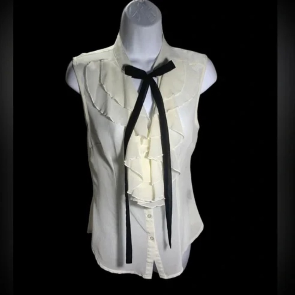 LIMITÉ White Sleeveless Sheer Ruffle Button Blouse with Black Ribbon Tie